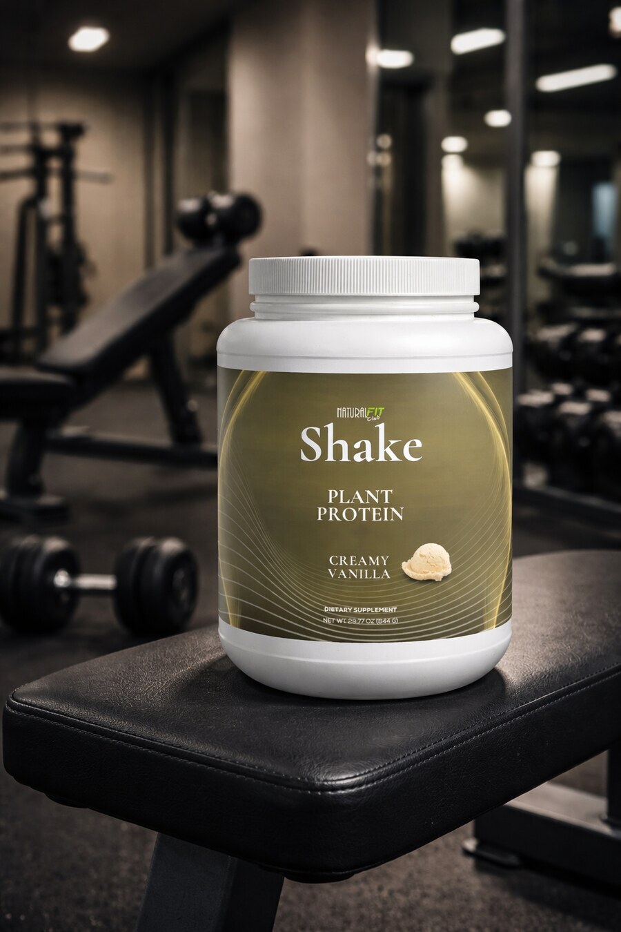Natural Fit Club SHAKE Creamy Vanilla protein tub — 30 servings, 21g plant protein per scoop